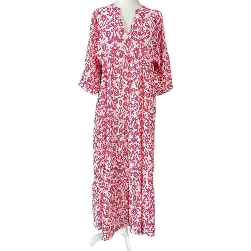 Maison 123 Kaftan Maxi Dress Womens S Pink Paisley Linen Cotton Boho V Neck GIA